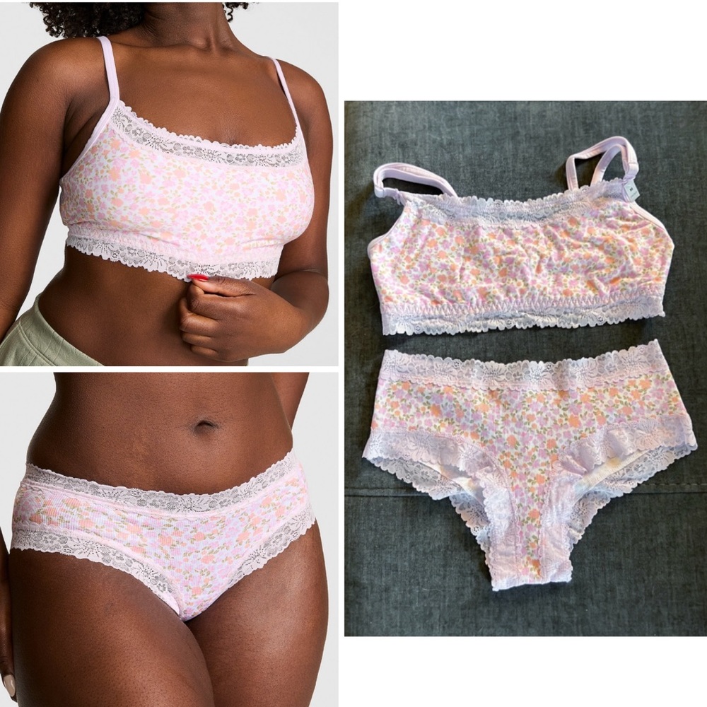 VS PINK Cotton Lace Trim Bralette & Cotton Cheeky Panty Petite Lilac Floral M